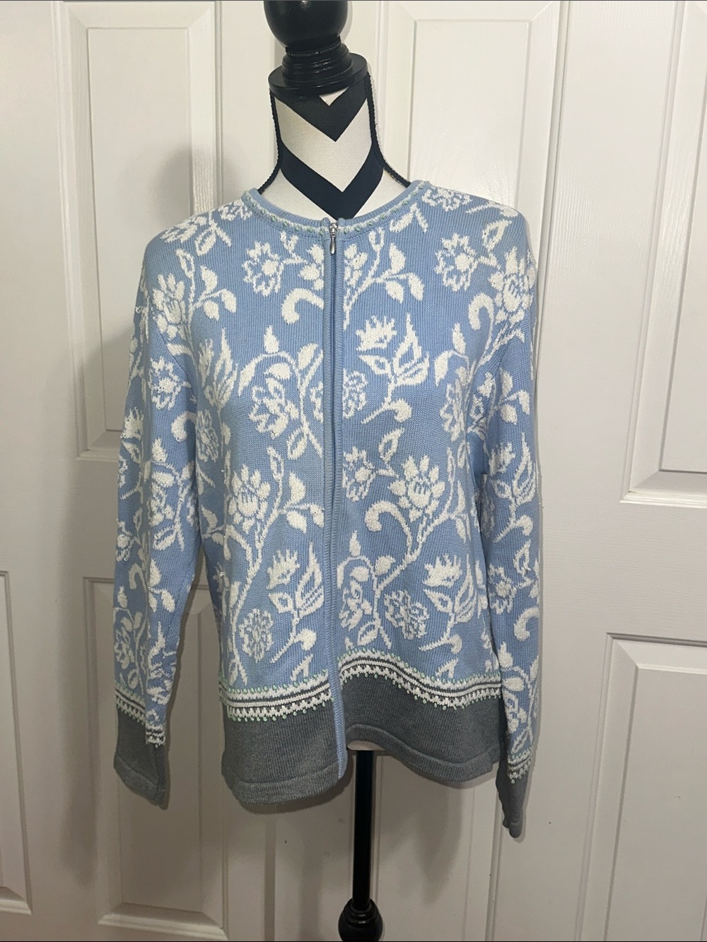 Talbots Vintage Light Blue Floral Zip-Front Cardigan Jacket